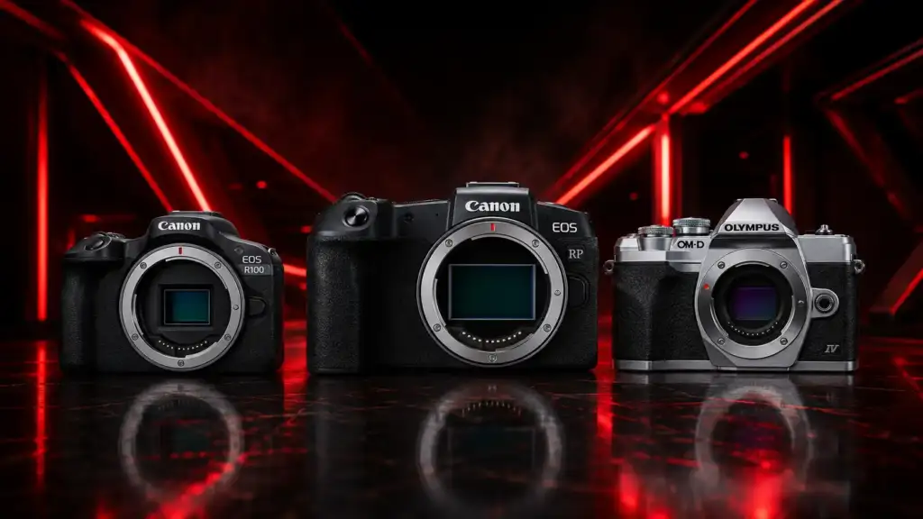 بهترین دوربین‌های میرورلس اقتصادی شامل Canon EOS RP، Canon EOS R100 و Olympus OM-D E-M10 Mark IV