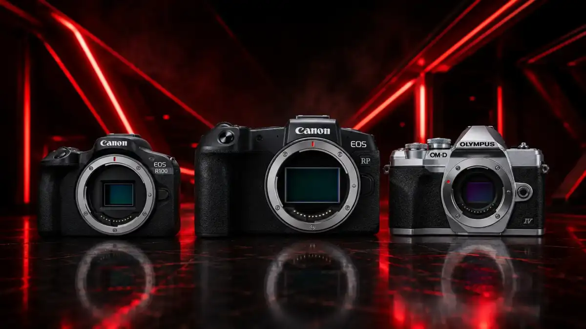 بهترین دوربین‌های میرورلس اقتصادی شامل Canon EOS RP، Canon EOS R100 و Olympus OM-D E-M10 Mark IV