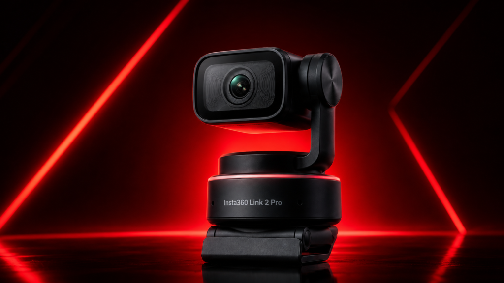 نمای محصول Insta360 Link 2 Pro 4K AI Webcam با پس‌زمینه تبلیغاتی پارس کانن